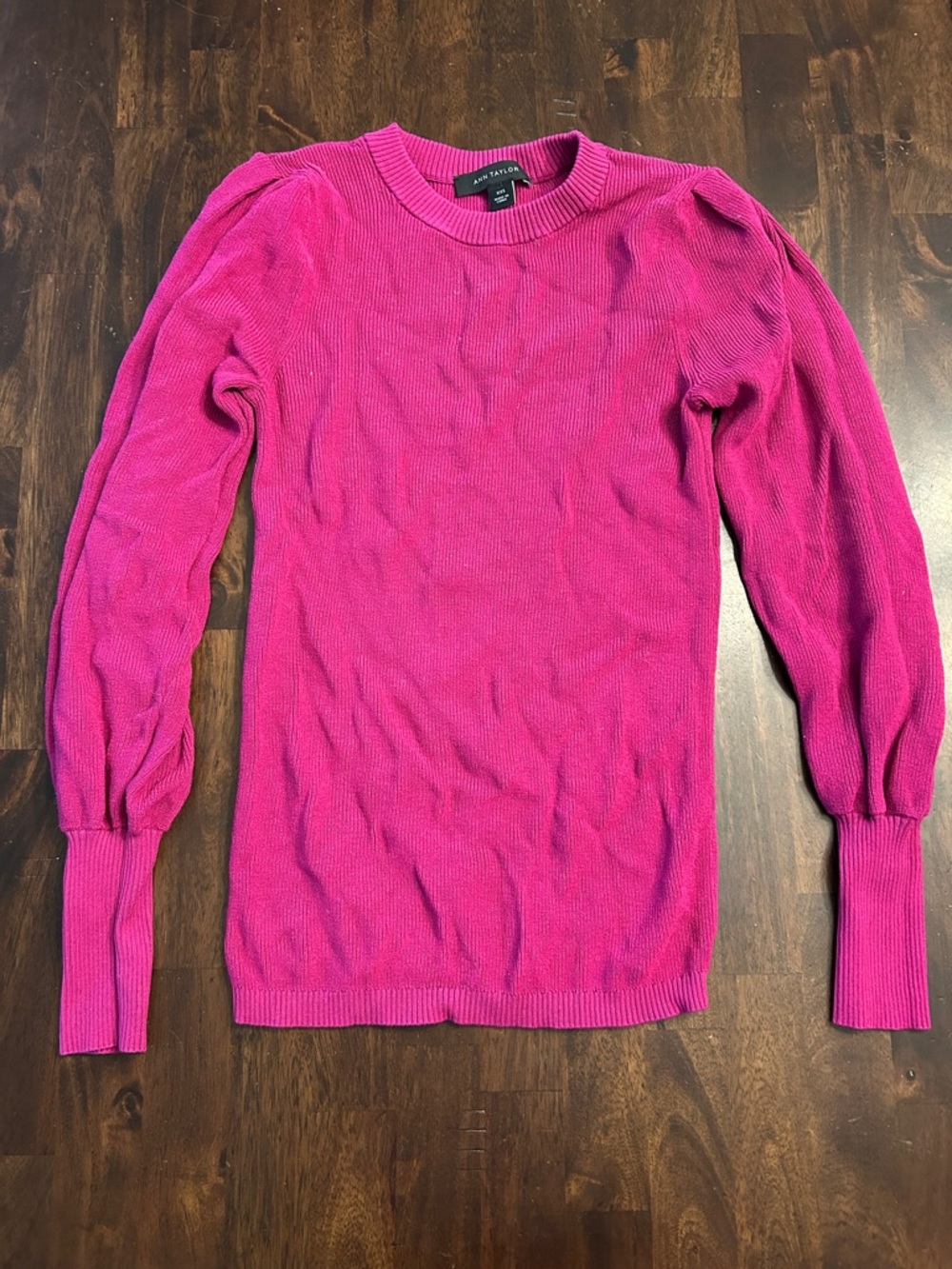 Ann Taylor Magenta Puff-Sleeve Crewneck Sweater, XXS